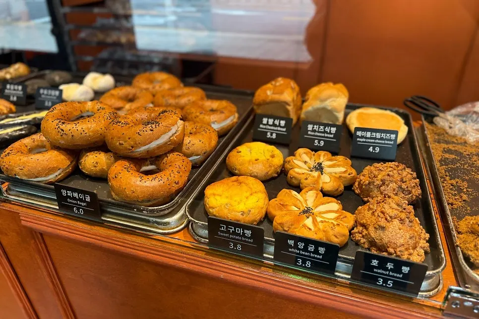 Neatly arranged variety of baked goods at Munhwa Bakery