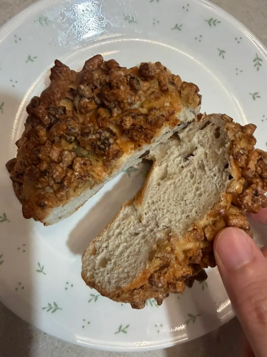 Cross-section of the walnut bread studded with nuts