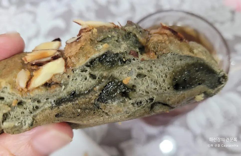 Close-up of the deep green interior of the mugwort rice cake bread