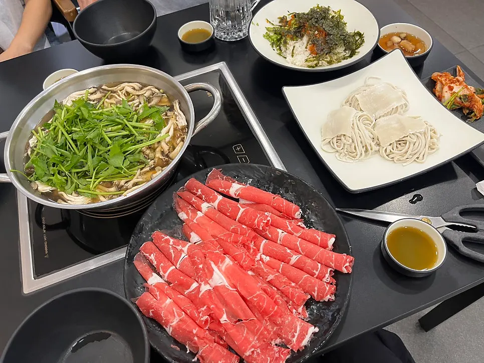 Basic setup with meat, kalguksu noodles, and fried rice ingredients