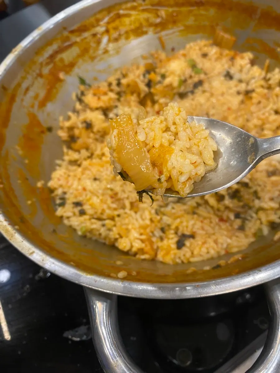 A finished bowl of kimchi fried rice