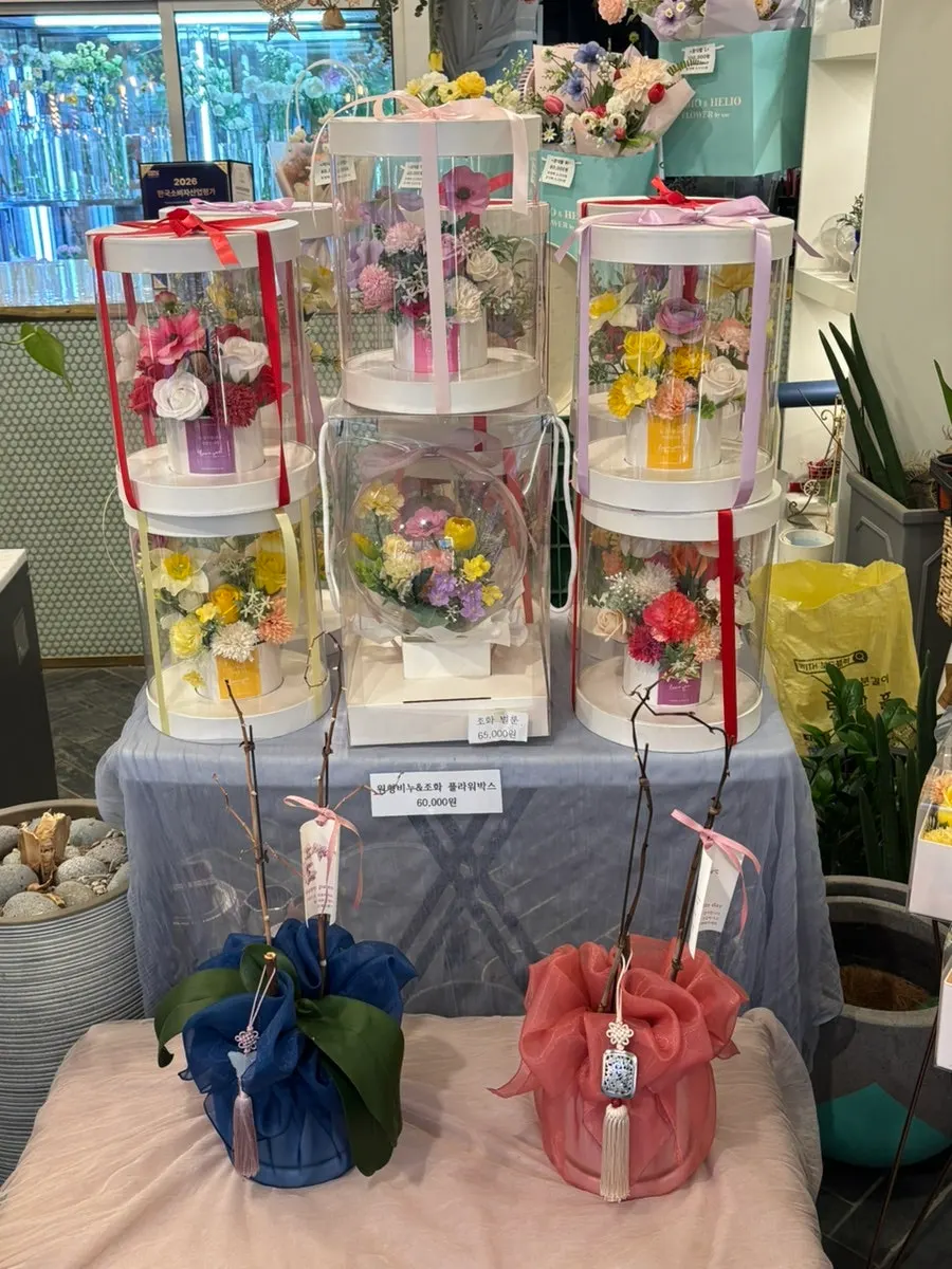 Flores y macetas exhibidas dentro de la tienda