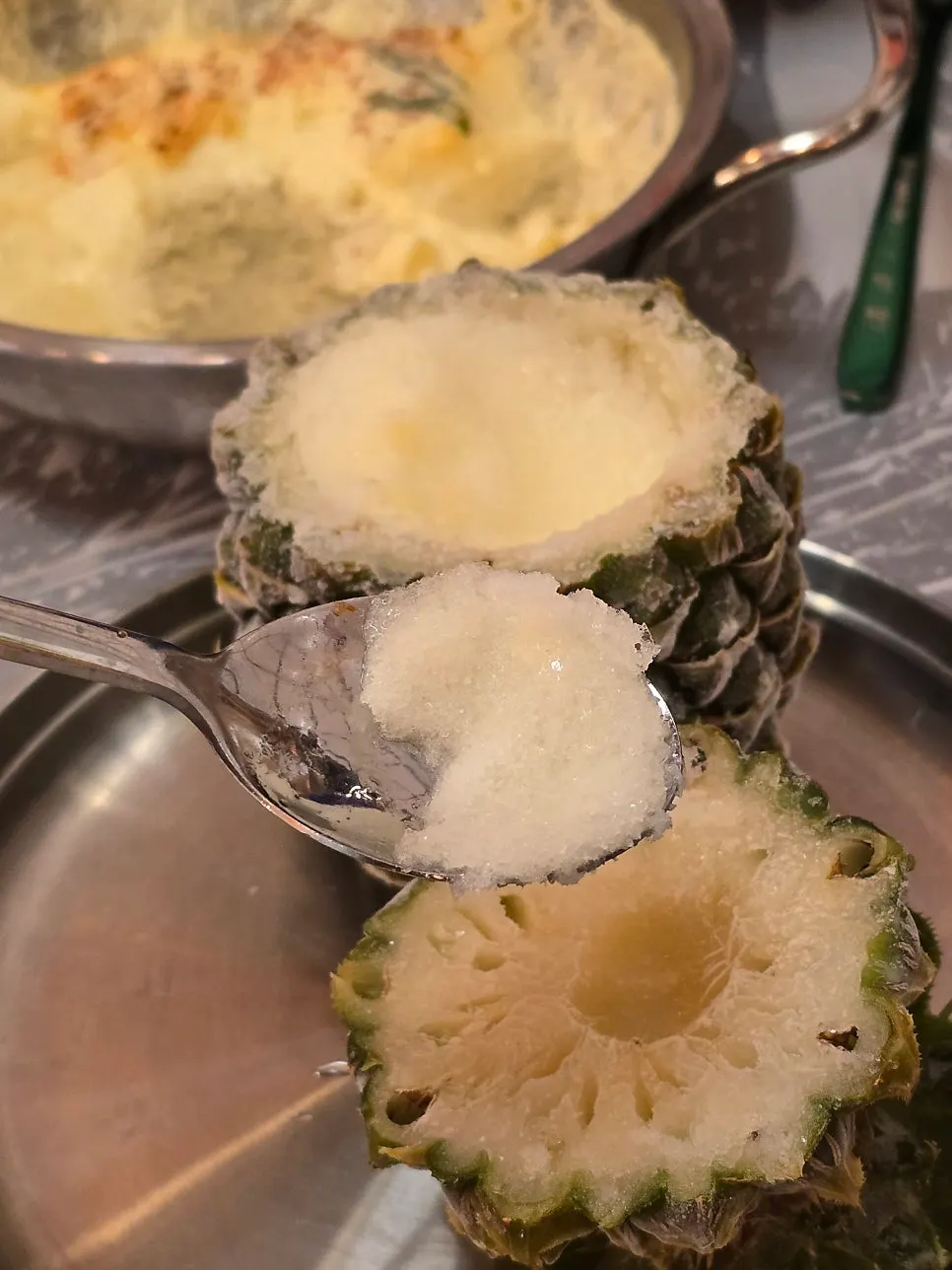 Pineapple sorbet served in a whole pineapple