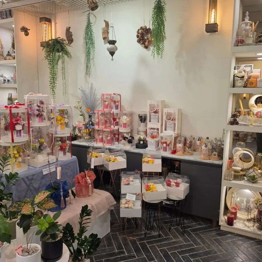 Colorful display of items inside the flower shop