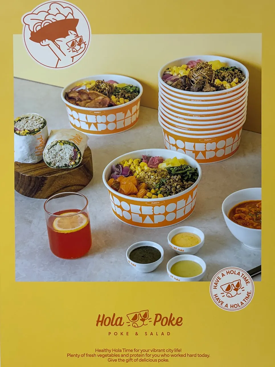Menu signage inside Olla Poke