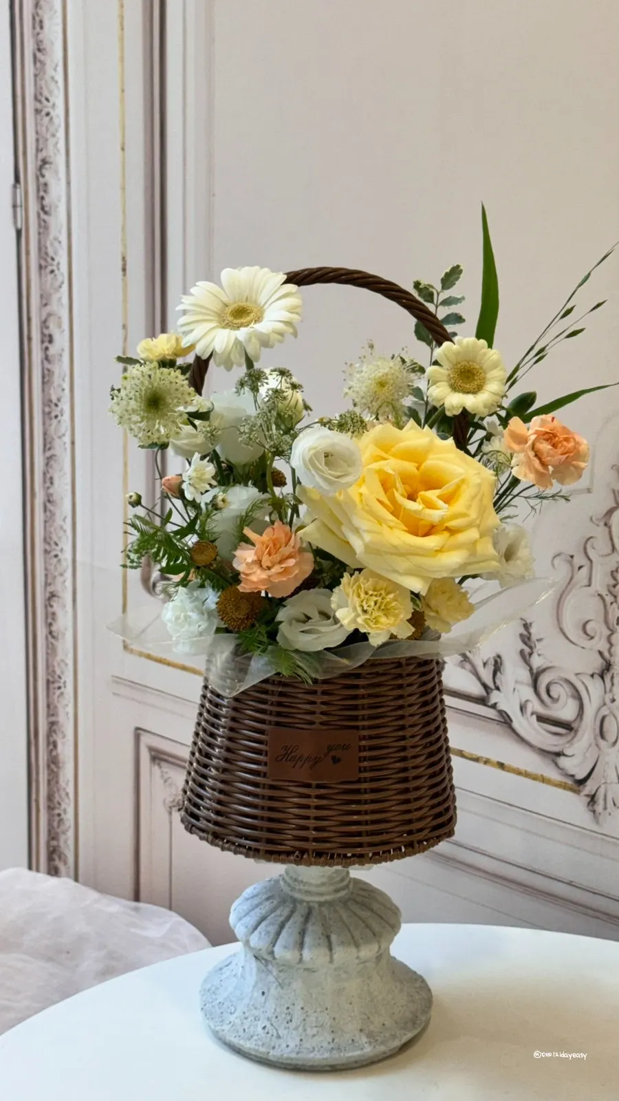 Flower basket made in the requested color scheme
