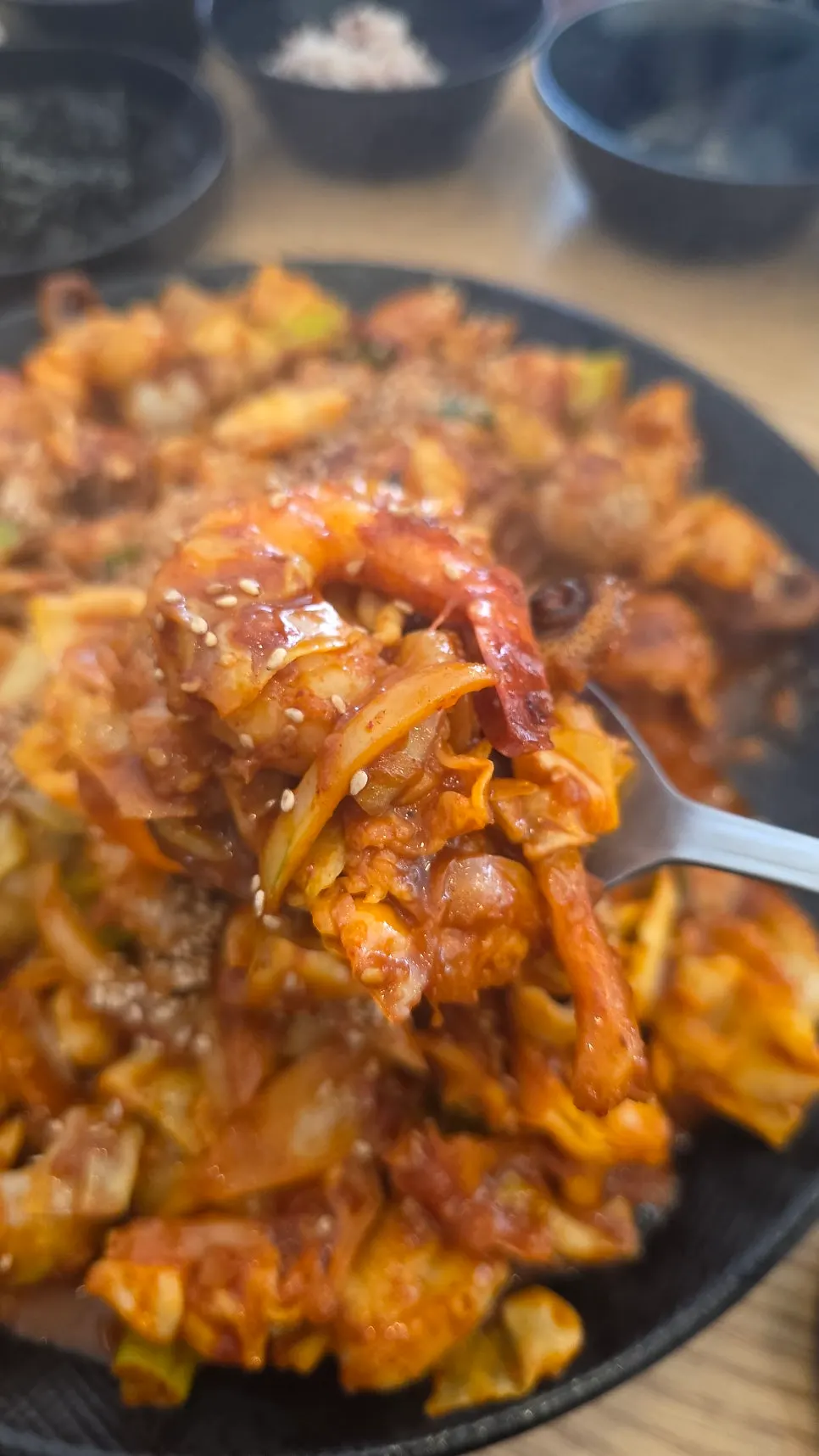 Octopus and shrimp stir-fried in red sauce