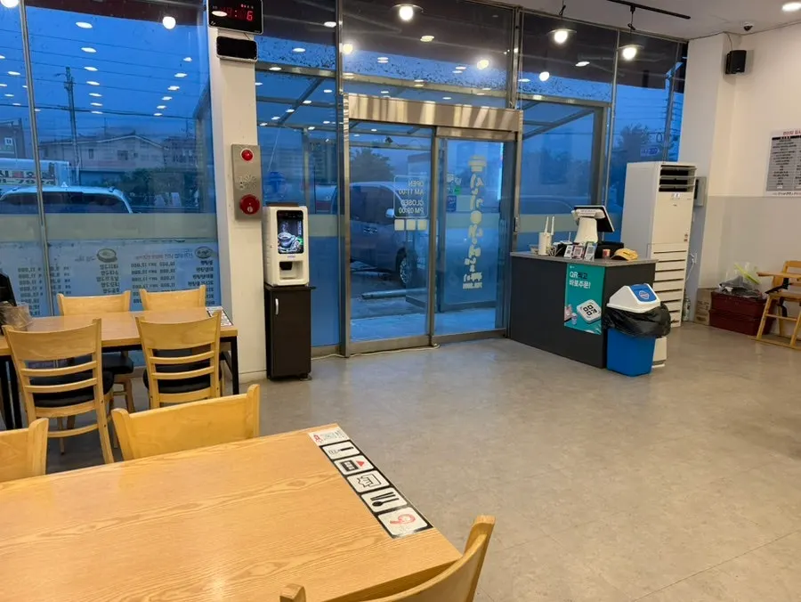 Bright, clean dining hall seating area