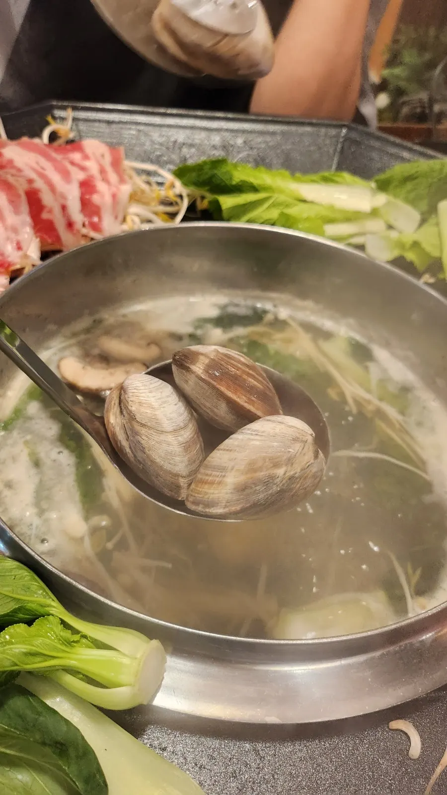 Meat being dipped into the shabu-shabu broth