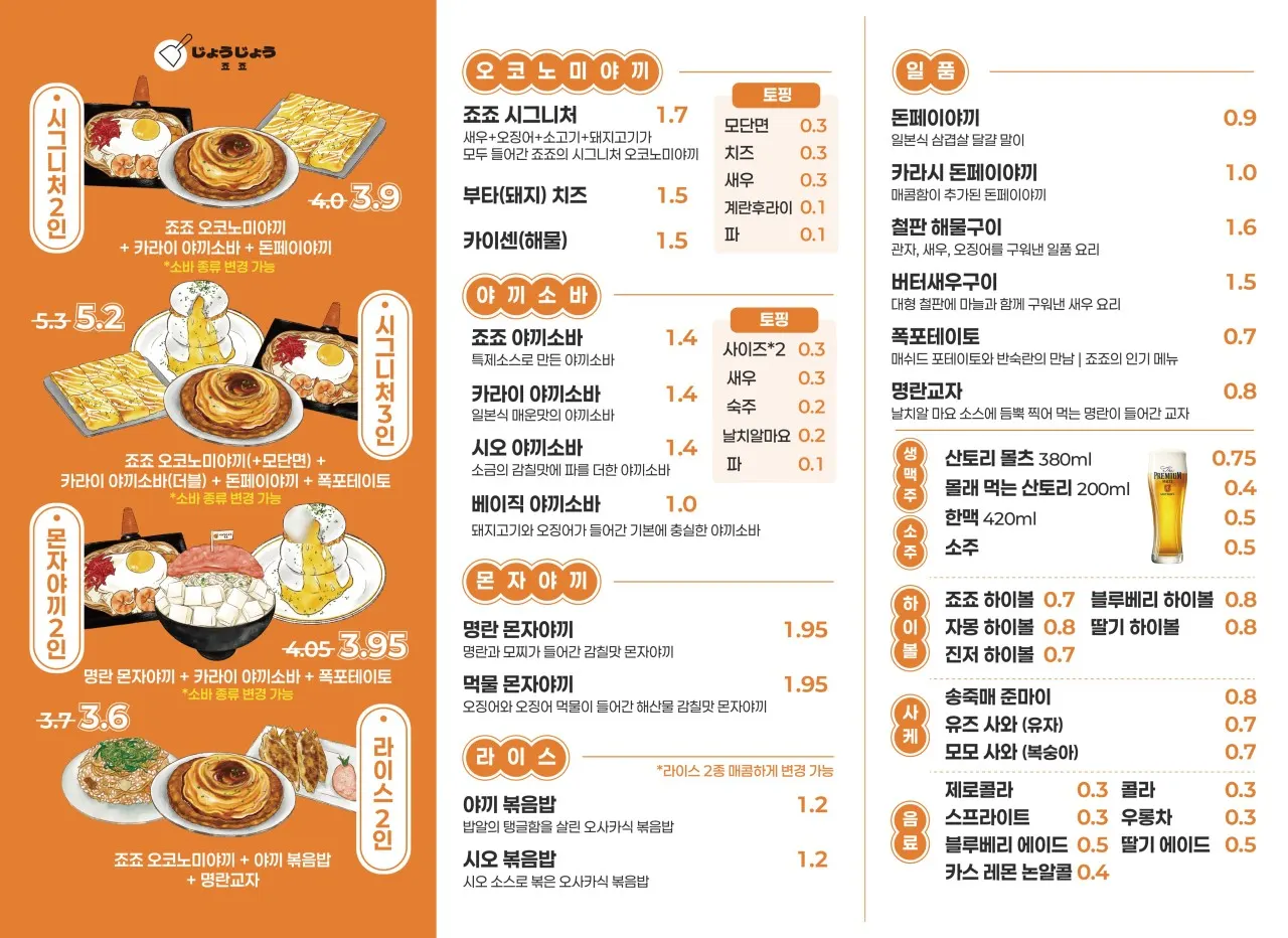 Menu board at Jojo Mullae Branch
