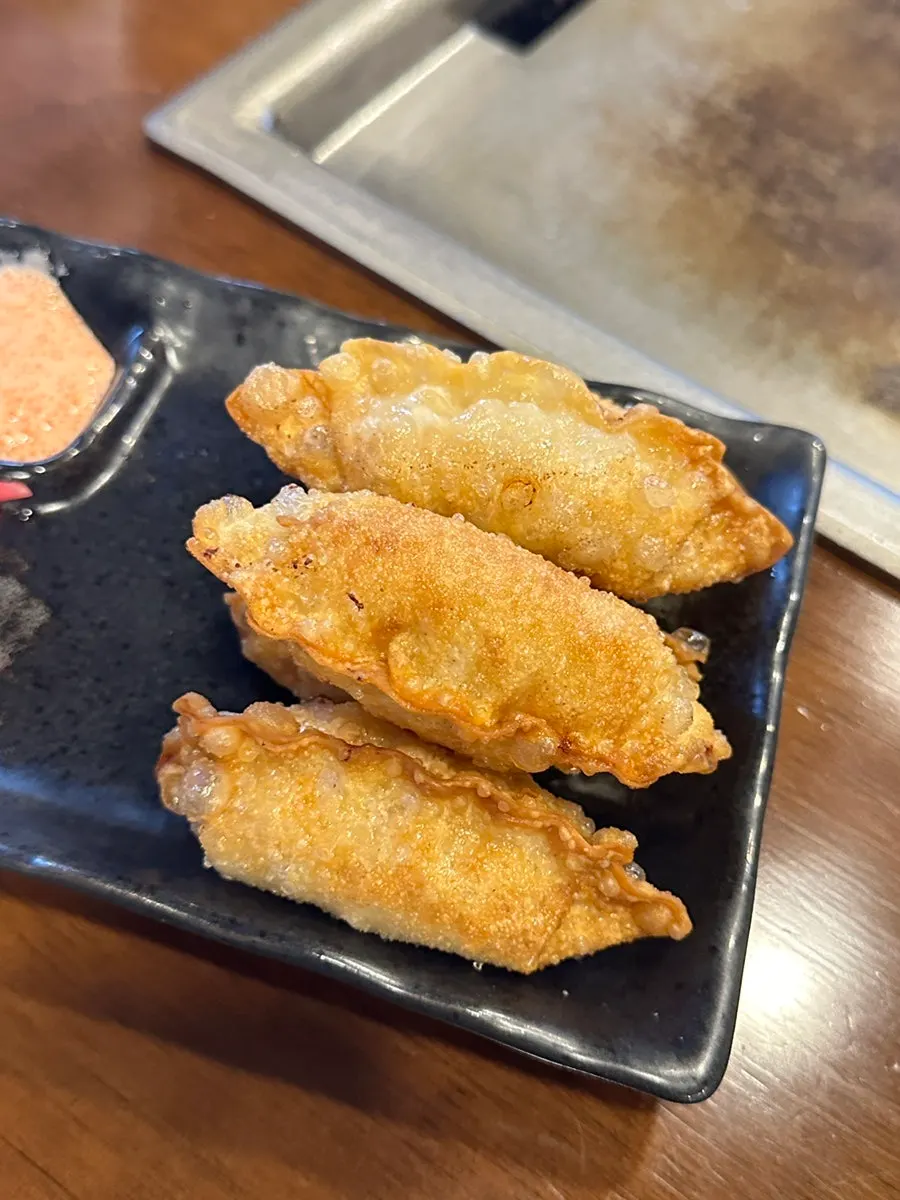 Cross-section of a mentaiko gyoza packed with filling