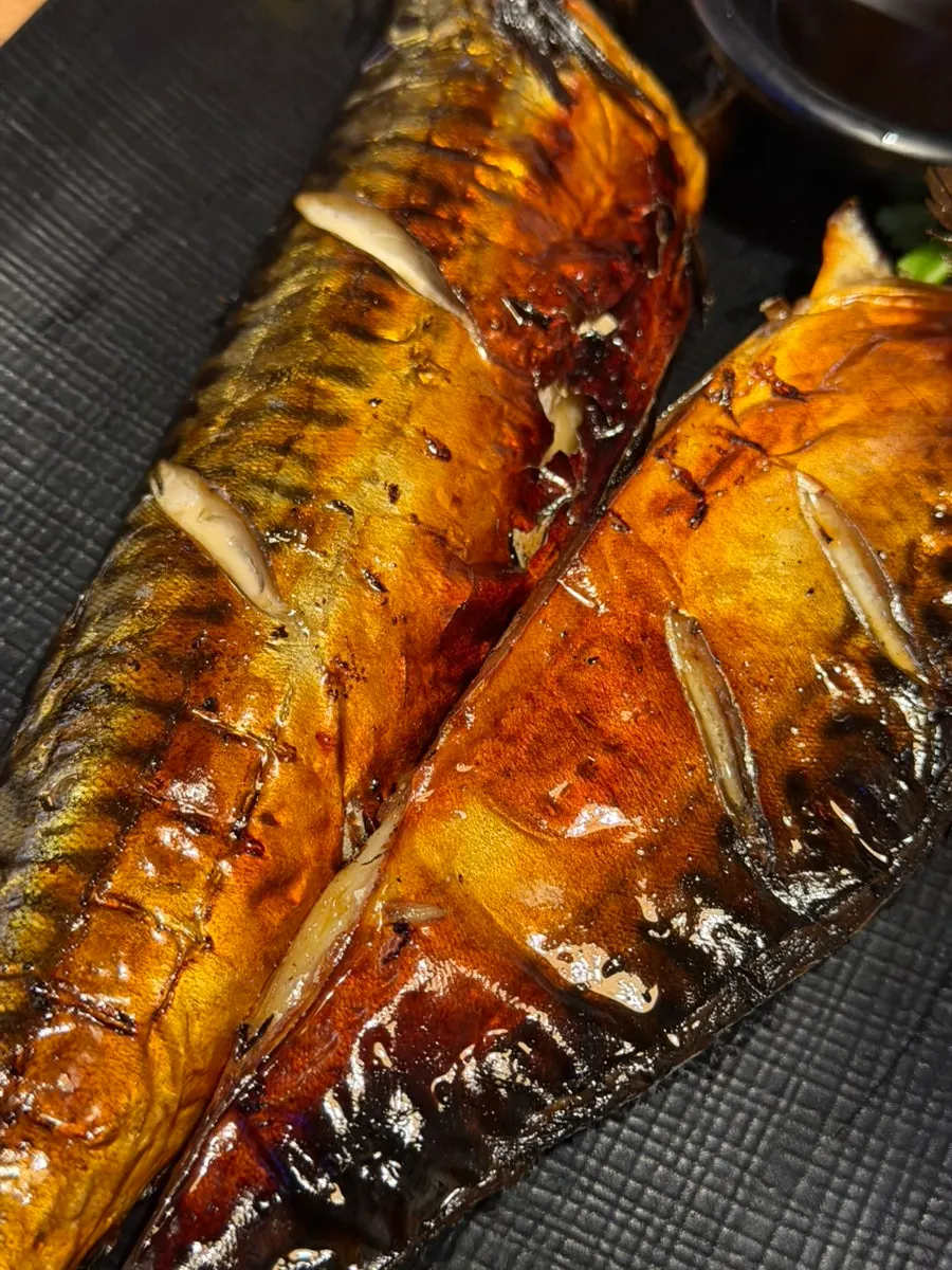 Close-up of the plump grilled mackerel
