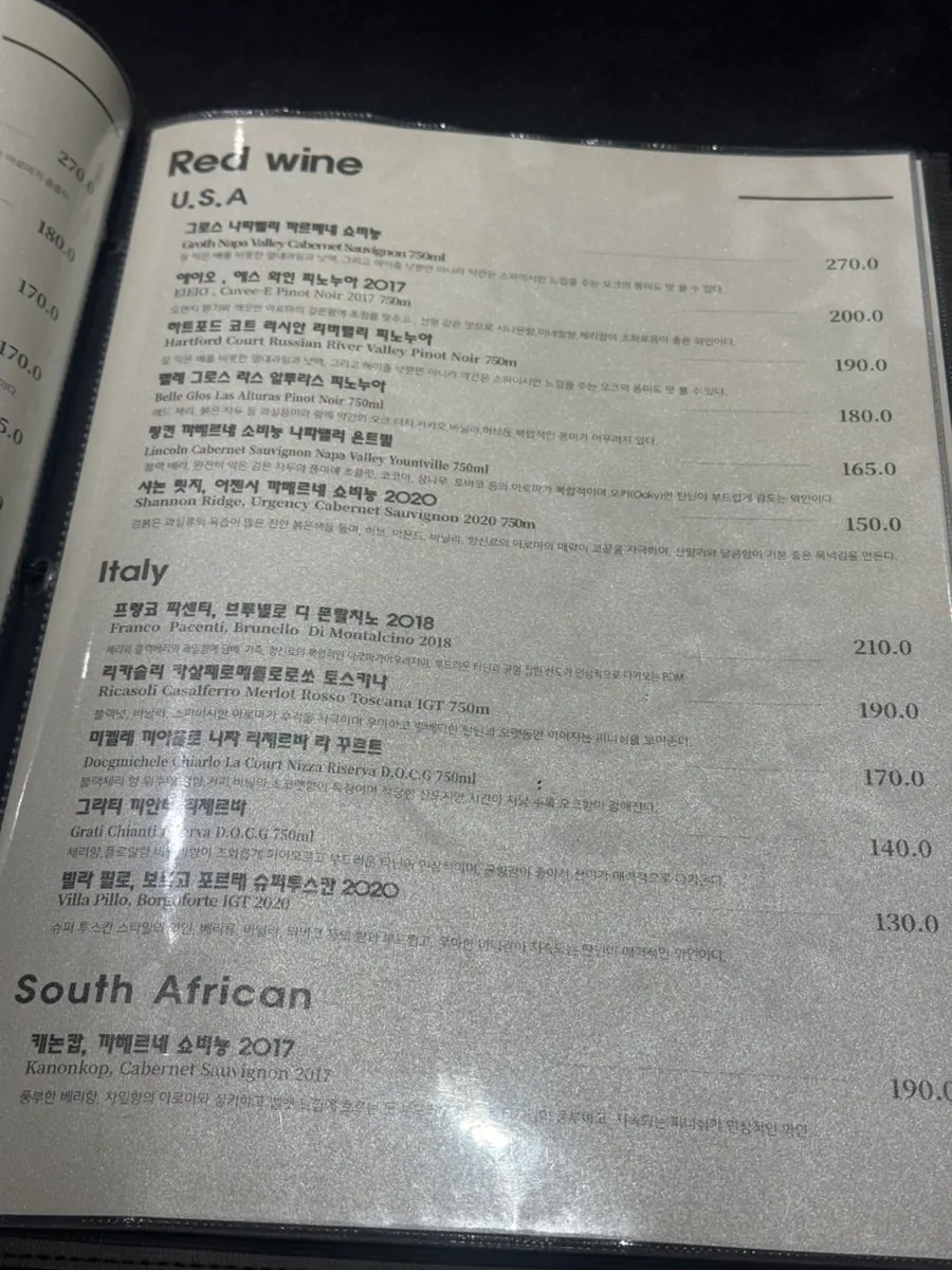 MUSEO's drinks menu listing glass wines