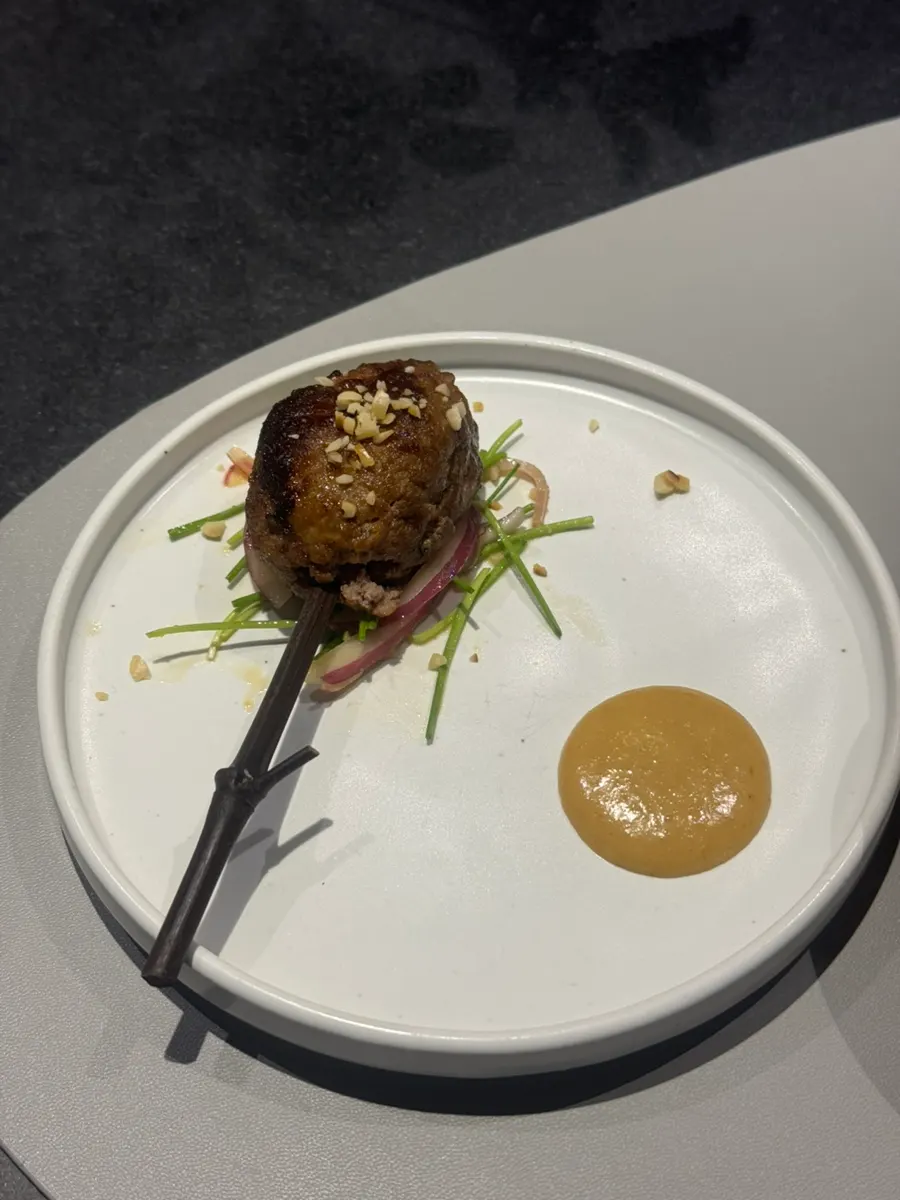 Hoengseong hanwoo tteokgalbi skewered on a stick