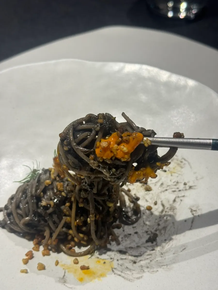 Close-up of the buckwheat noodles with fried buckwheat mixed in