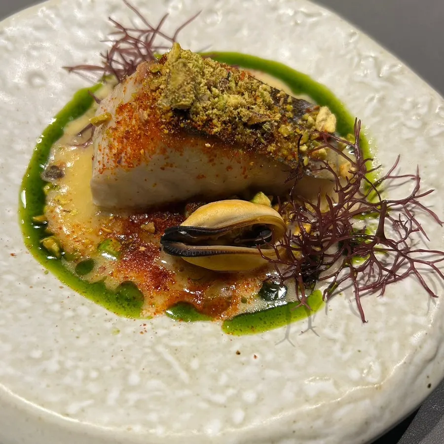 Straw-smoked Goheung Spanish mackerel with white kimchi beurre blanc