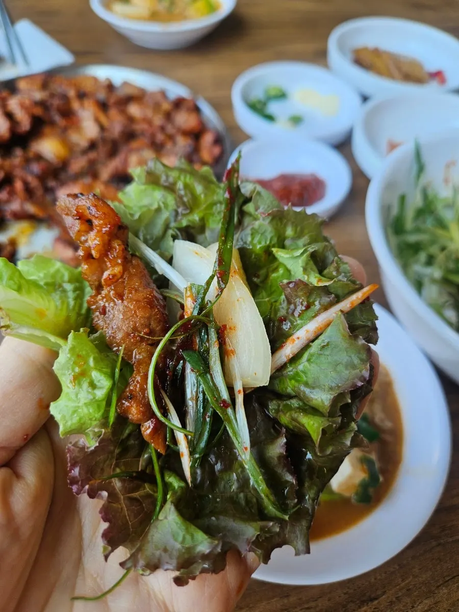 A wrap loaded with meat and scallion salad on a lettuce leaf