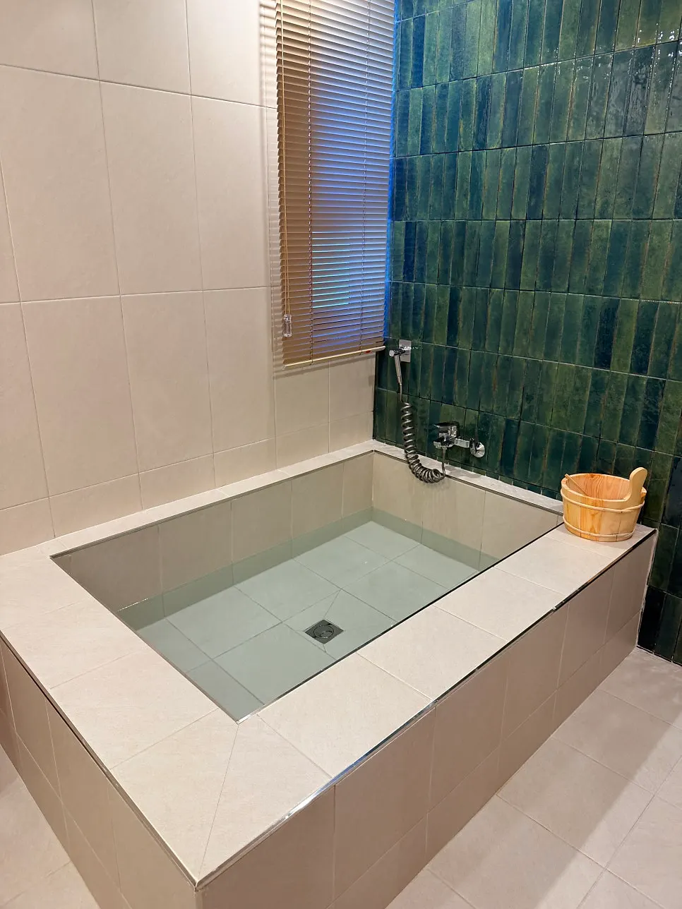 Half-body bath tub, sink, and shower area