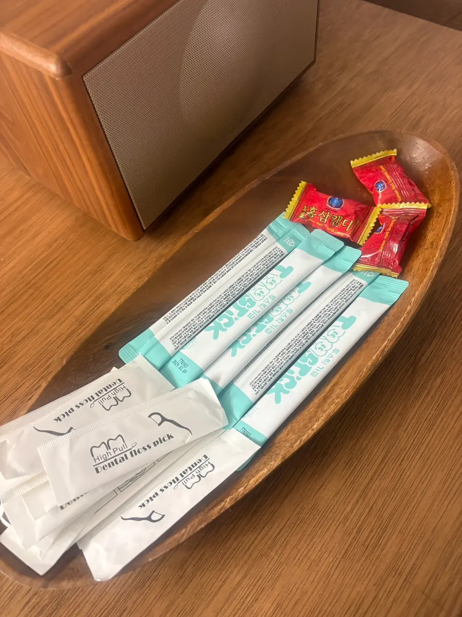 Dental floss, mouthwash, and candy at the counter