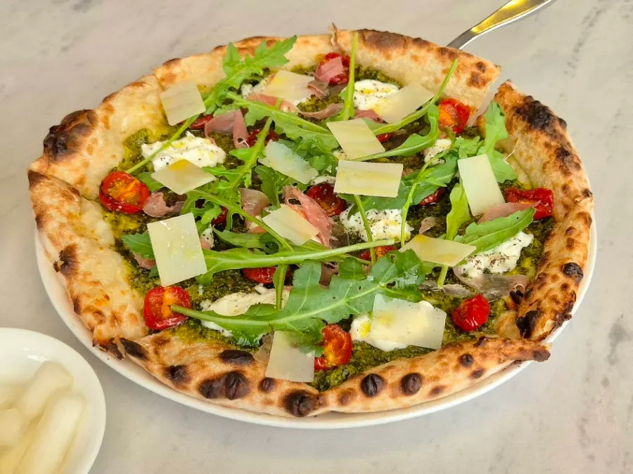 Fresh basil pesto burrata pizza