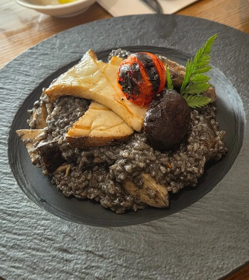 Risotto topped with large mushroom chunks and roasted tomato
