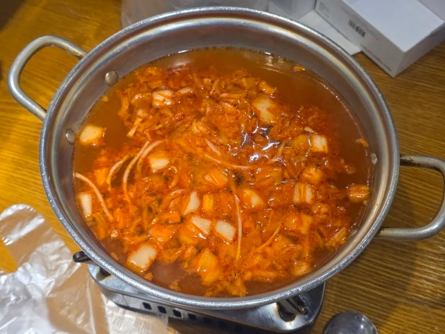 Spicy kalguksu served after the jokbal to finish the meal