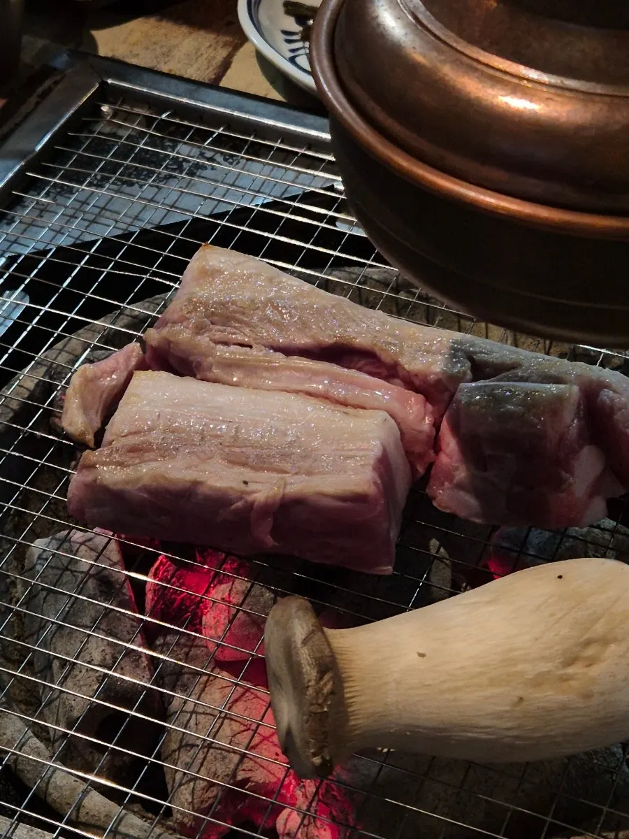 Omija-aged Gwanggaeto pork belly and king oyster mushroom
