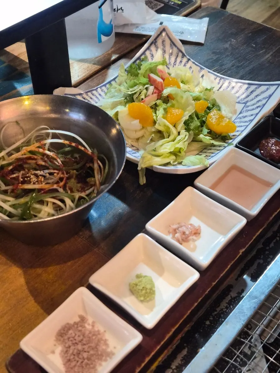 A plate of side dishes including myeong-i namul