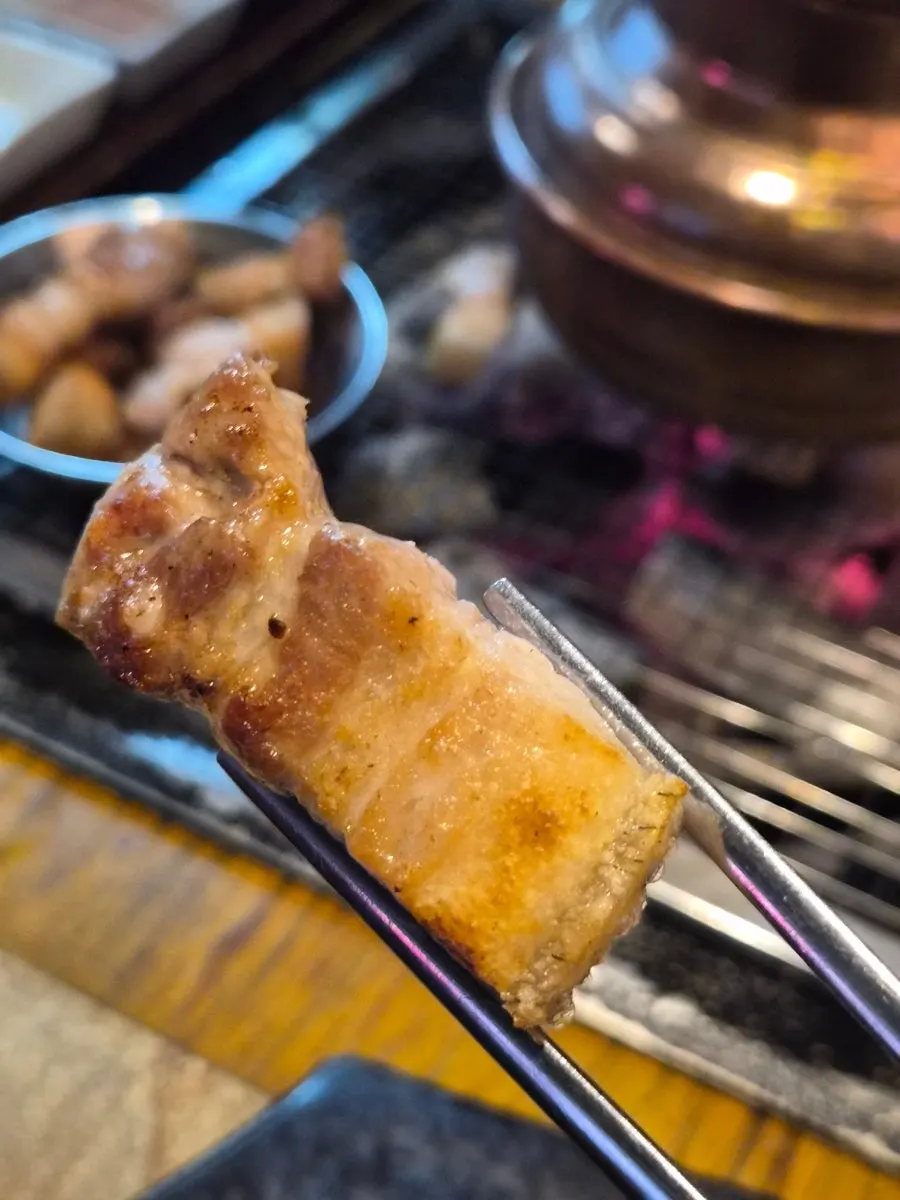 A cross-section of yukgyeopsal showing its six layers