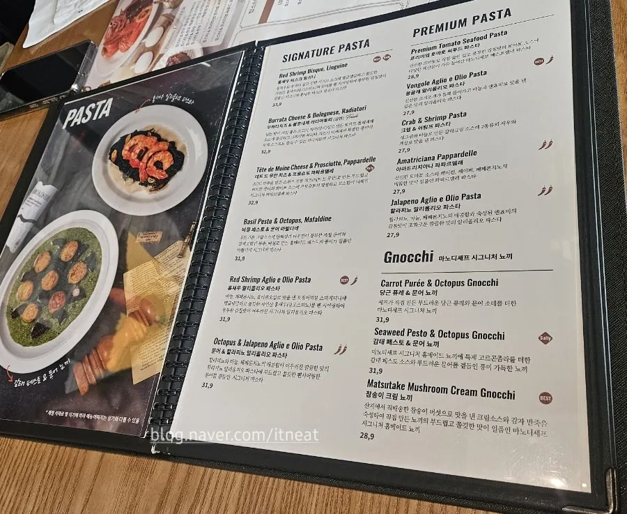 Price list for pasta and pizza menu items