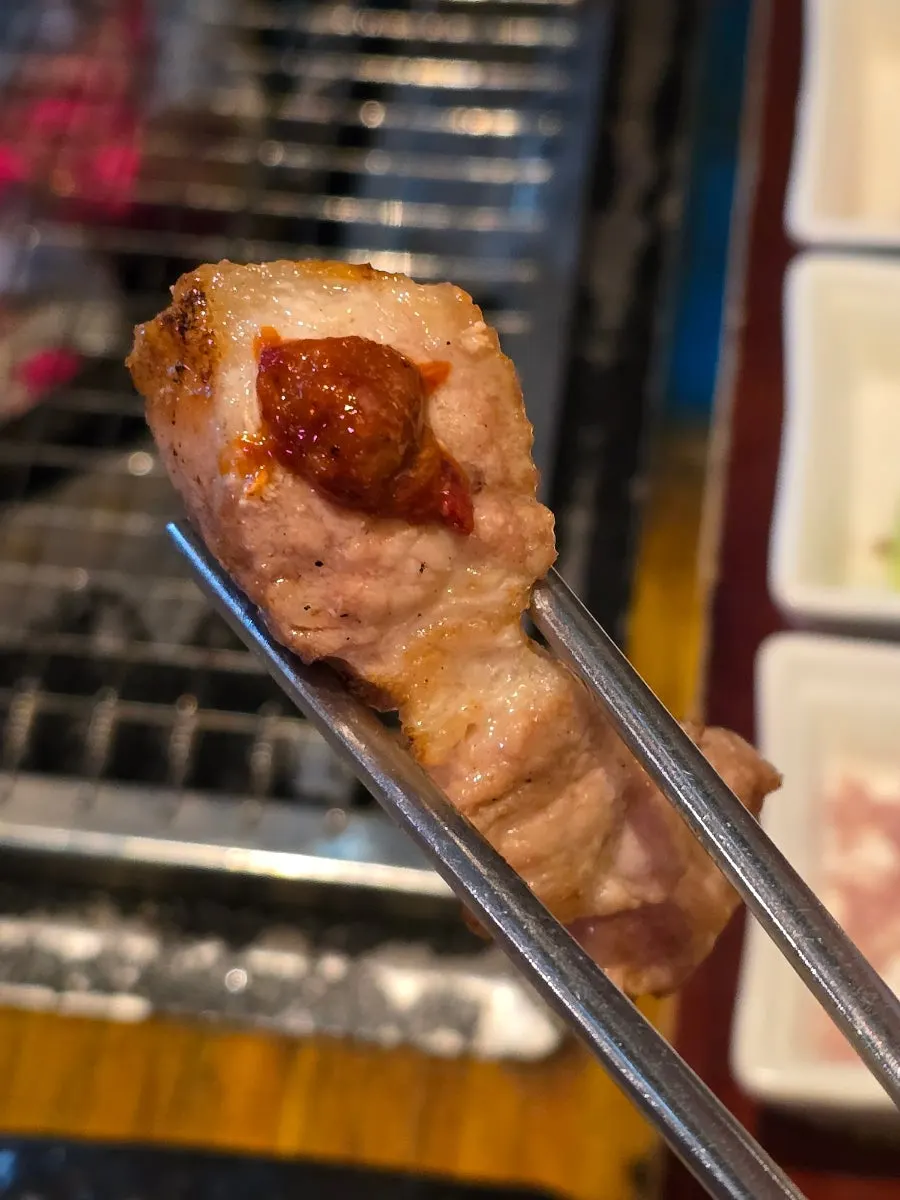 노릇하게 구워진 오겹살 한 점 클로즈업