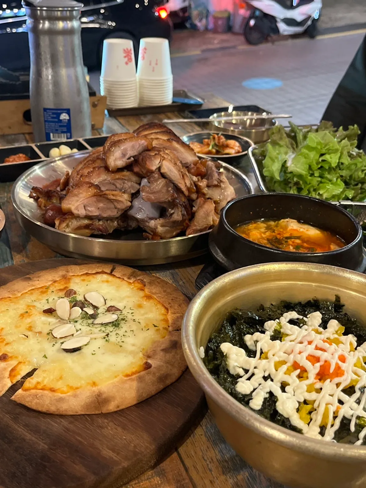 A hearty spread of jokbal and rice balls
