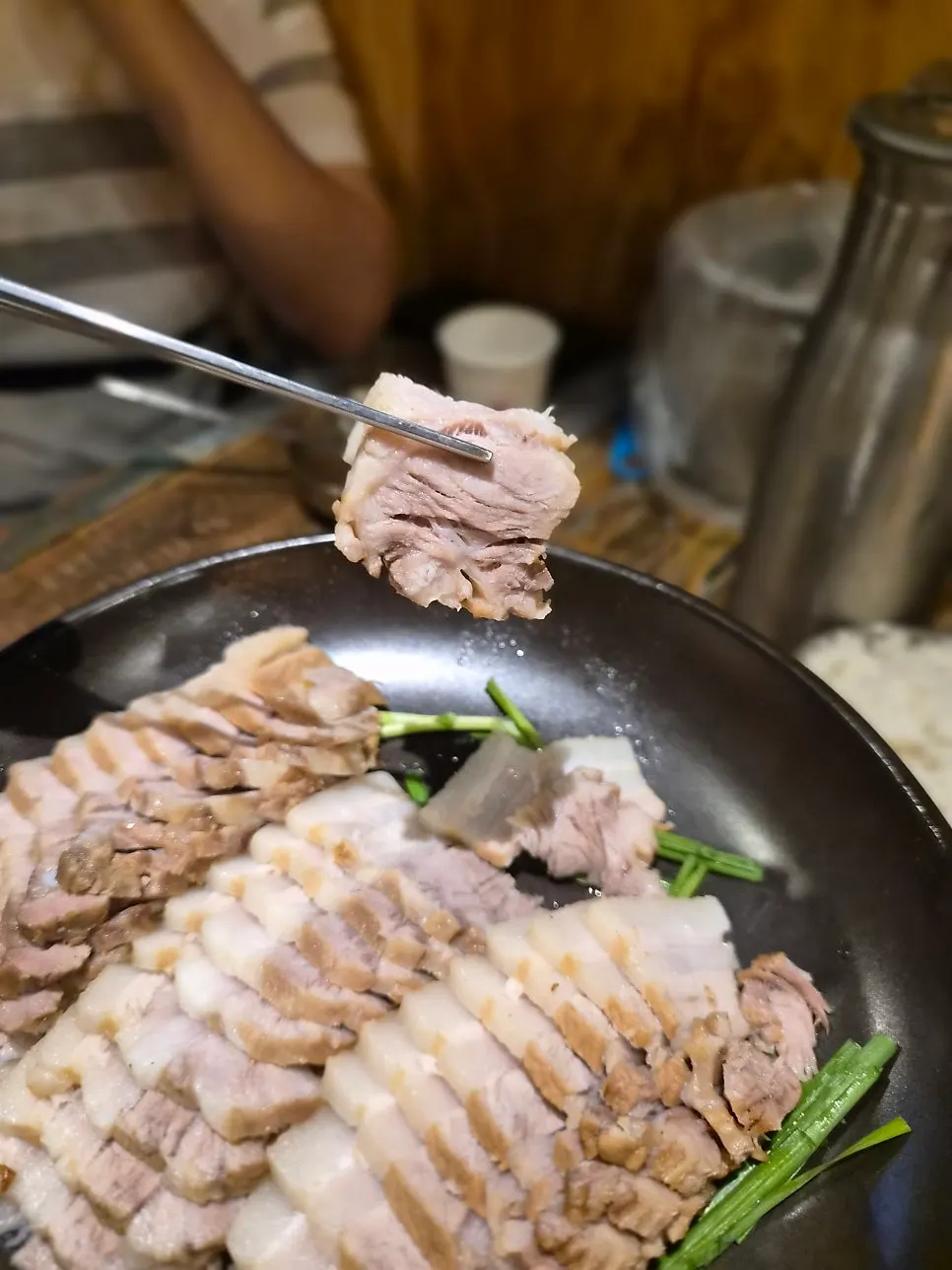 Close-up of tender sliced bossam pork