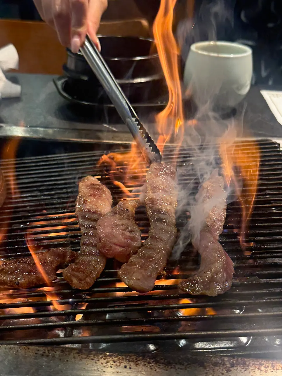 Flames from rib finger meat fat