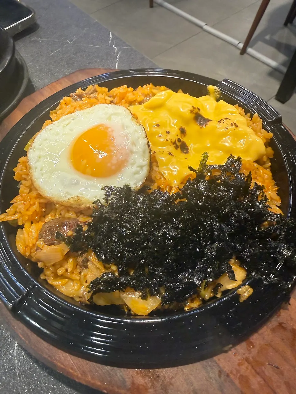 Kimchi fried rice finished on the skillet