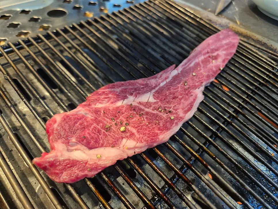 Sirloin and galbisal grilling together on the grill