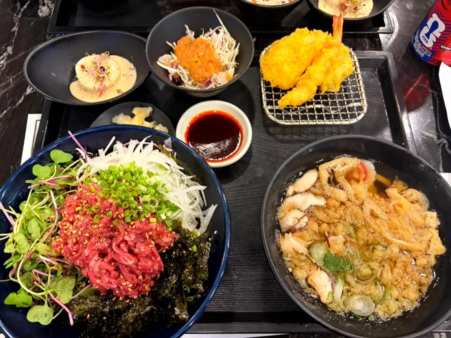 Premium sashimi set, yukhoe set, and assorted tempura order