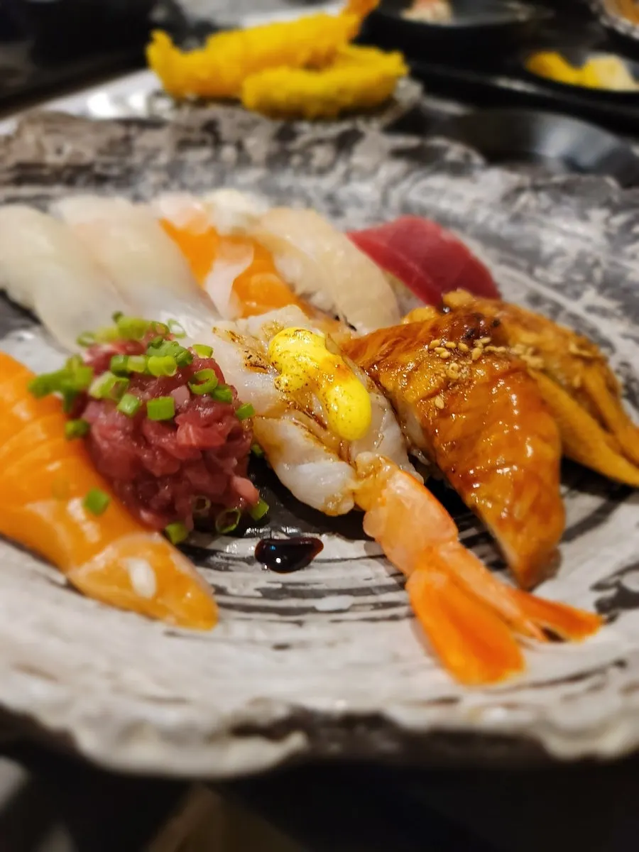 Close-up of a chunky eel sushi piece