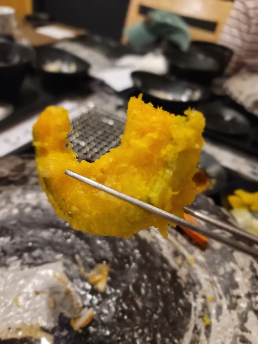 Close-up of crispy-outside, moist-inside tempura