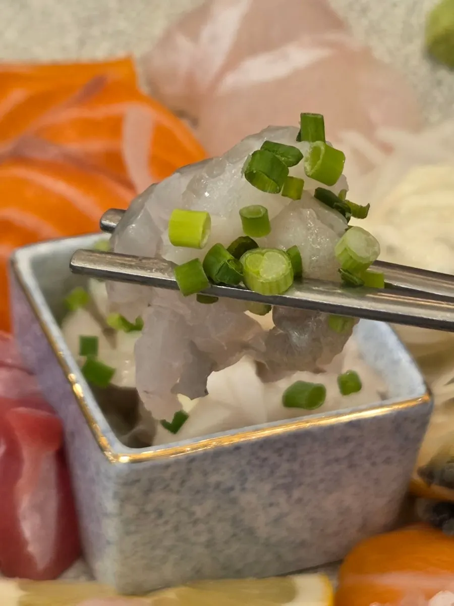 Close-up of tuna, salmon and flounder on the sashimi platter