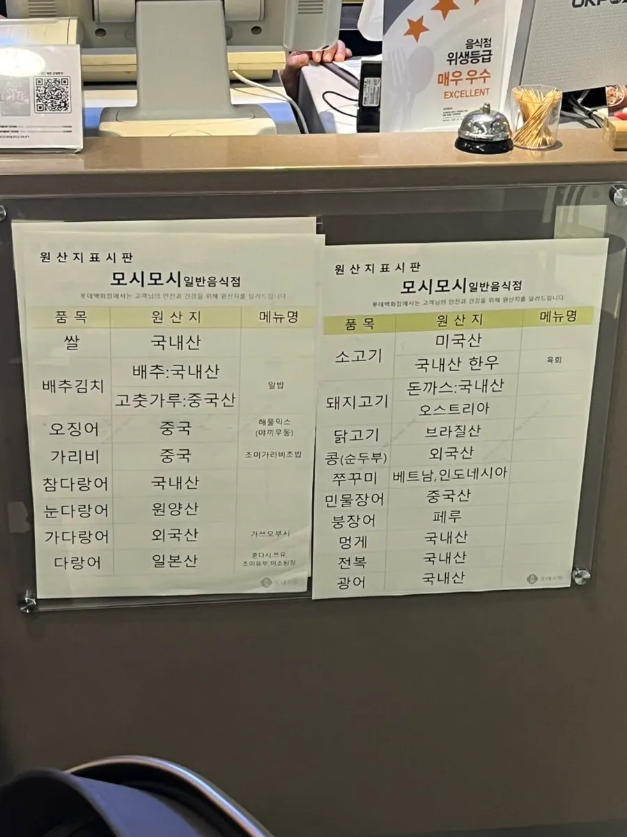 매장에 게시된 원산지 표시판
