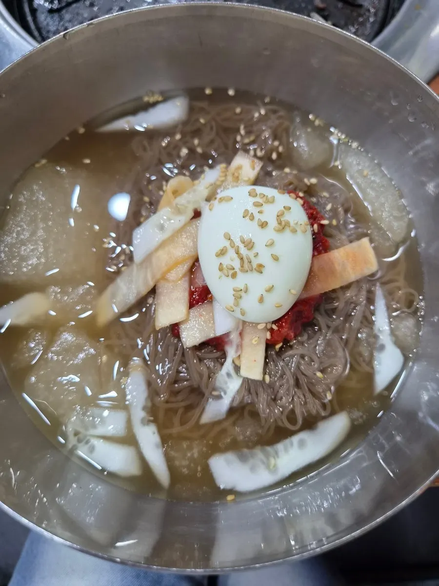 A bowl of naengmyeon with an icy broth