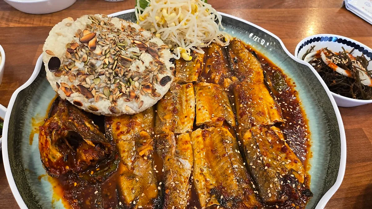 A generously portioned spicy braised pollock