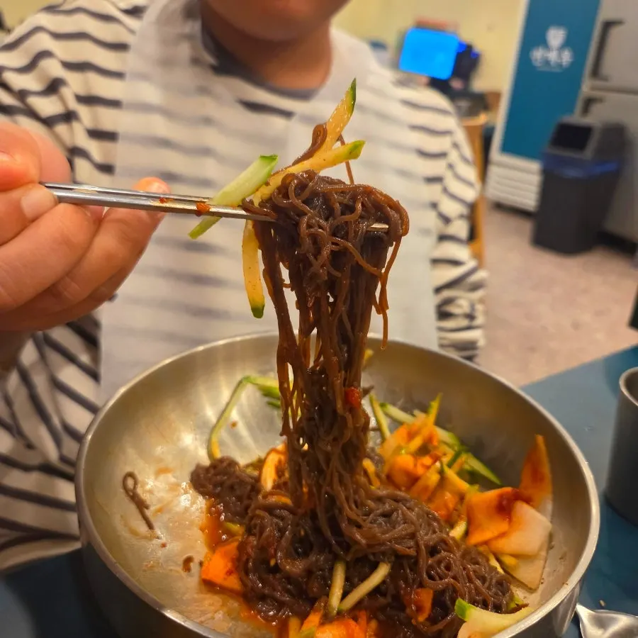 A chopstick-full of mixed bibim naengmyeon