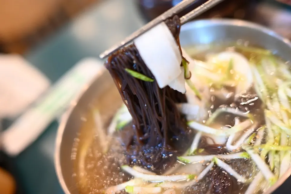 Lifting up a strand of chewy naengmyeon noodles