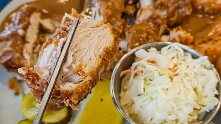 Cross-section of chicken cutlet made from tenderloin and breast