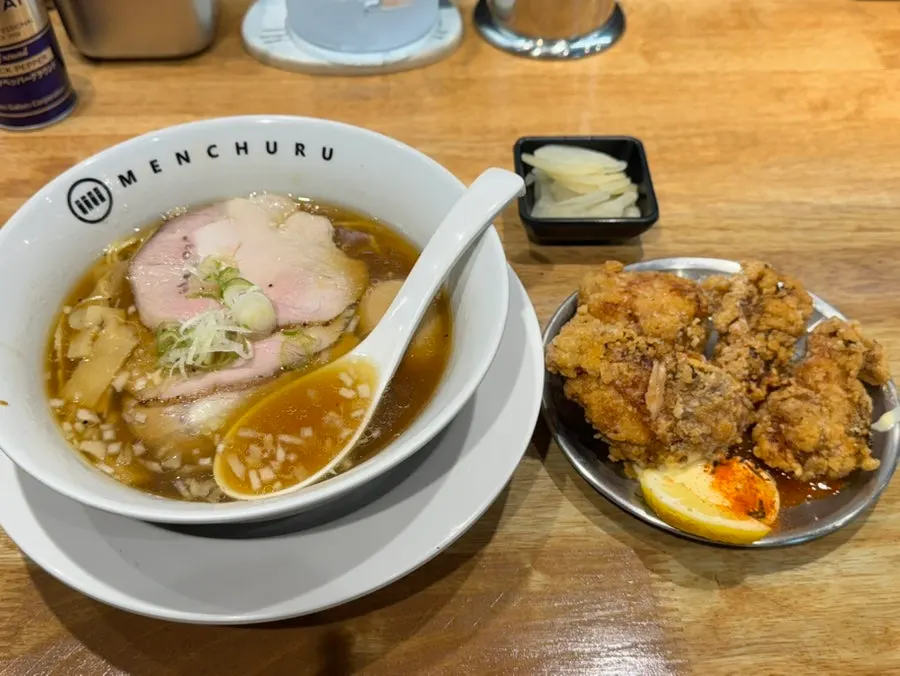 Shoyu ramen and handmade gara-age served together