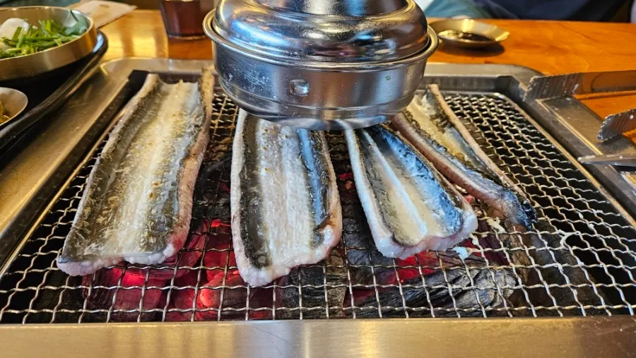 Freshwater eel placed on the grill