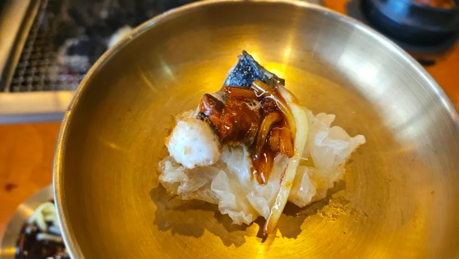 Eel with Seolhwa mushrooms and eoriguljeot