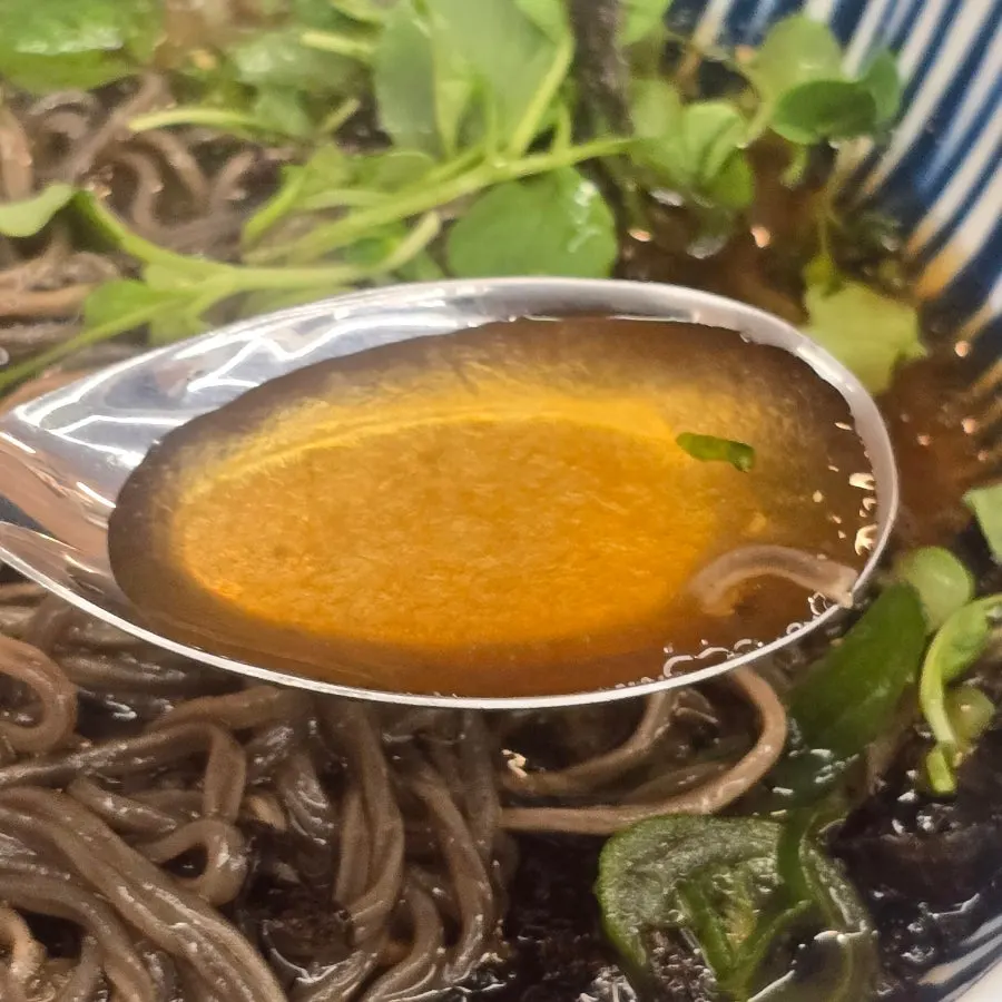 Dipping cold soba noodles into the broth